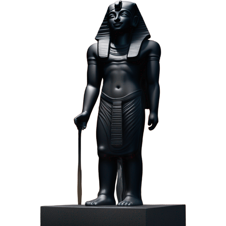 Osiris obsidian statue on granite 30 ton , massive size, sunlight behind, sunset colors, reflections on black stone polished clean perfect, photography angles emoji