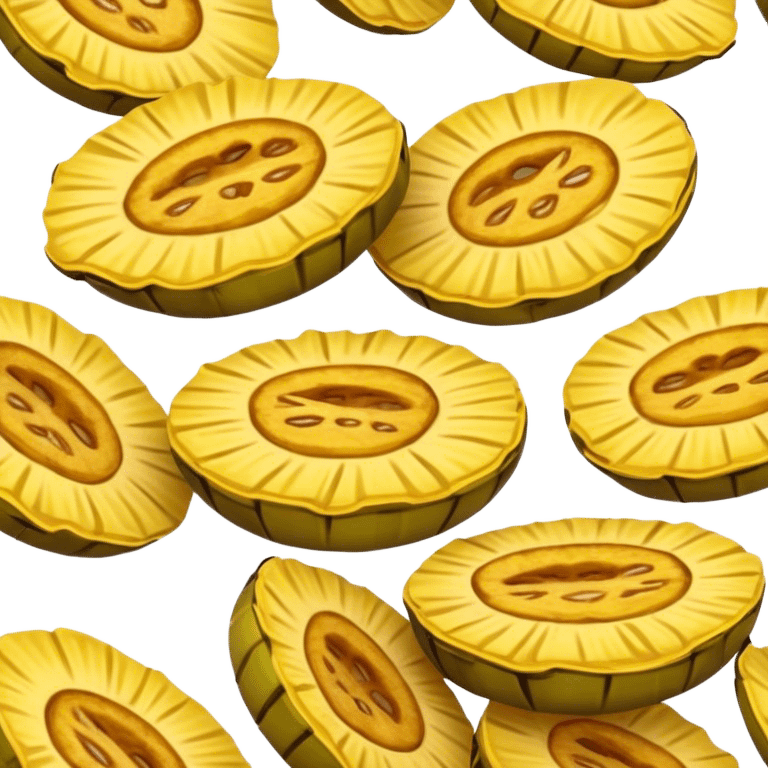 Cinematic Realistic Patacones Dish Emoji, depicted as twice-fried plantain slices with a crispy exterior rendered with detailed textures and dynamic, inviting lighting. emoji