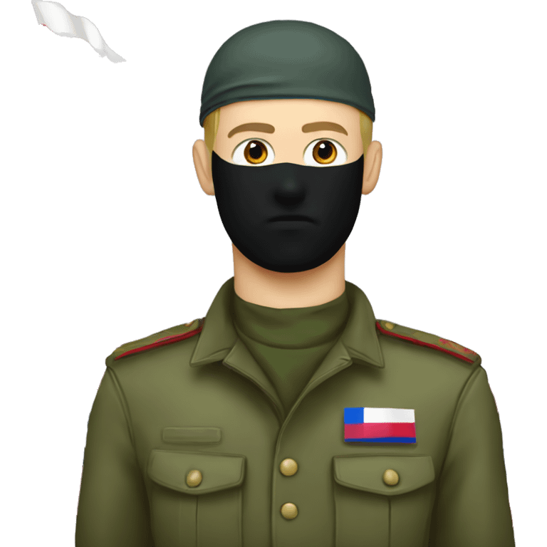 russian soldier with annoyed face and balaclava standing next to russian flag waving emoji