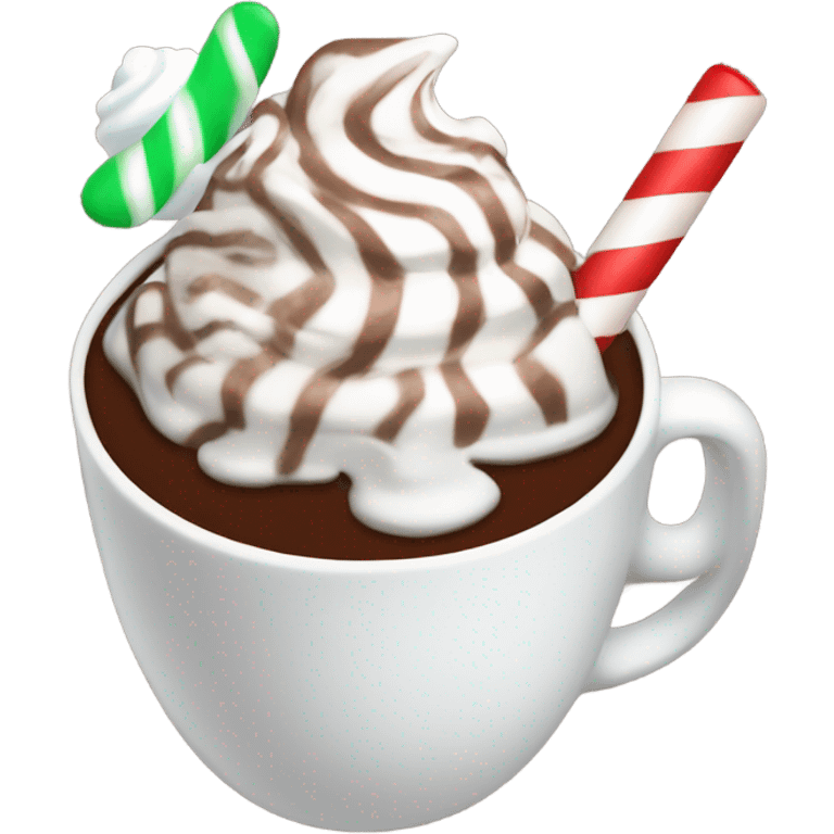 Hot cocoa with whip cream  with a peppermint stick  emoji