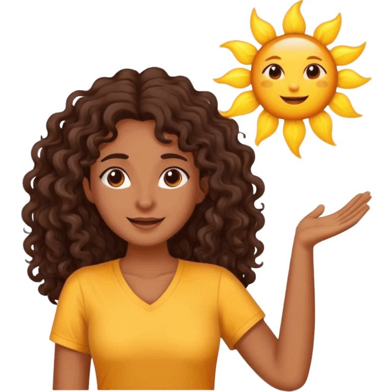 Brown woman with dark brown long curly hair saying good morning with the sun and yellow shirt  emoji