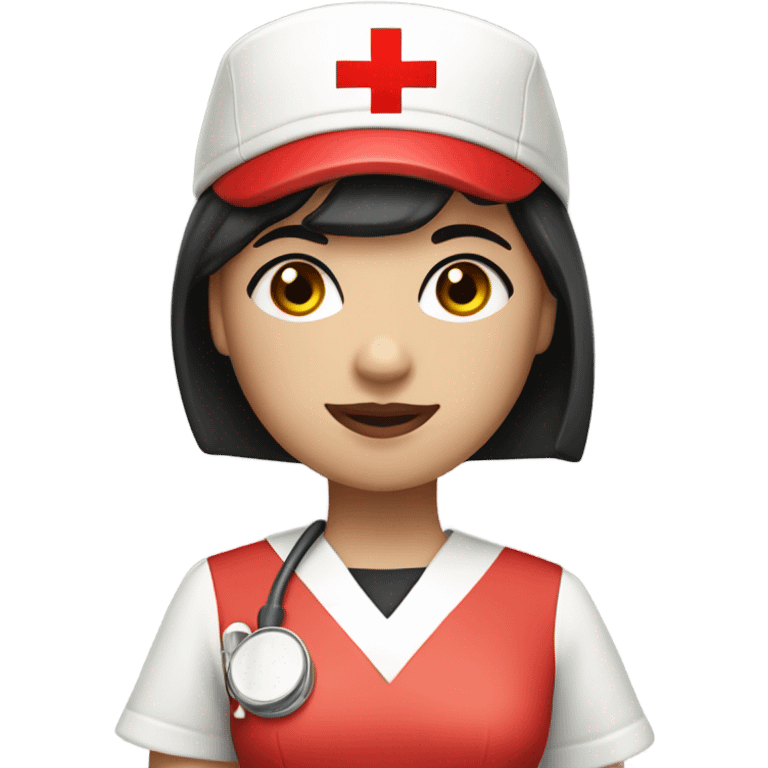 pixie cut black straight hair female nurse with red cross sign hat wearing dress
pale skin color emoji