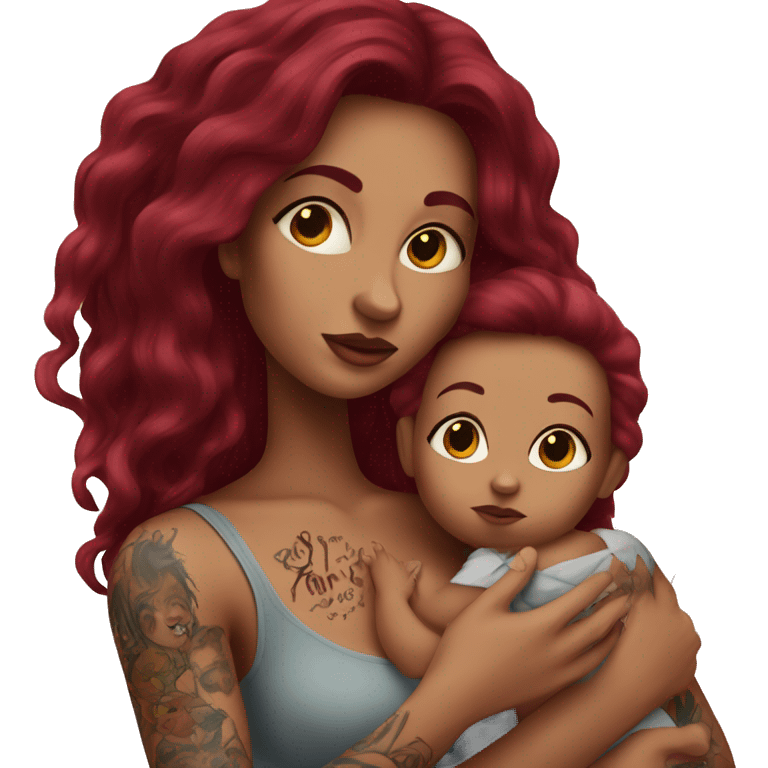 Beautiful tattooed burgundy long haired woman holding a baby emoji