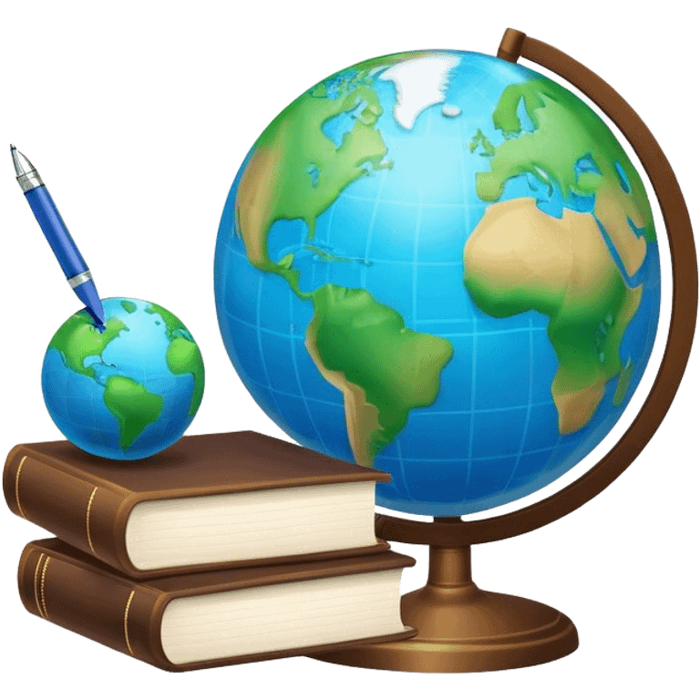 Create an emoji representing language translation. The design should feature just one globe in the background, symbolizing international communication. In front of the globe, place two books or sheets of paper with texs on them and a pen nearby to indicate the act of writing. Use a clean and professional color palette with blues, greens, and neutral tones. Make the background transparent. emoji