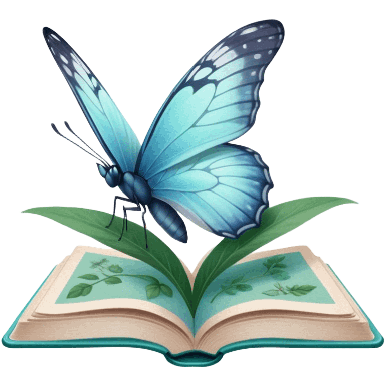 A pale blue butterfly hovering over an open green book with faded botanical illustrations. emoji