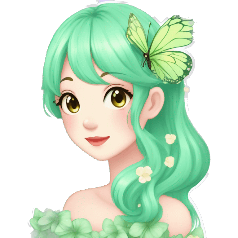 Gorgeous Shiny Pastel Green Anime-Style Lady Butterflies flower petals leaves cottagecore fairycore pastelcore kawaii aesthetic trending style emoji