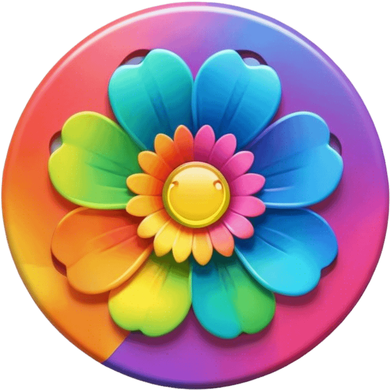 A round psychedelic colored button with bezeled edges and a rainbow colored flower in the center emoji