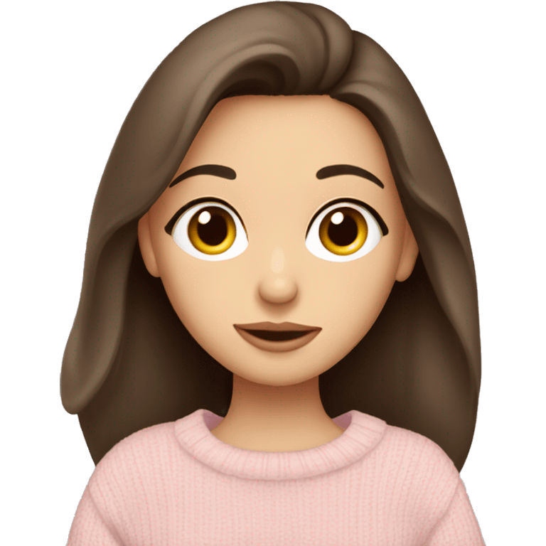 Pretty brown eyed brunette girl with light pink sweater reading cozy emoji