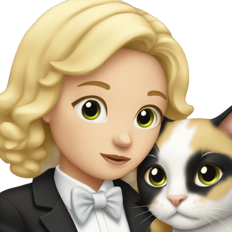 Blonde girl snuggling tuxedo cat emoji