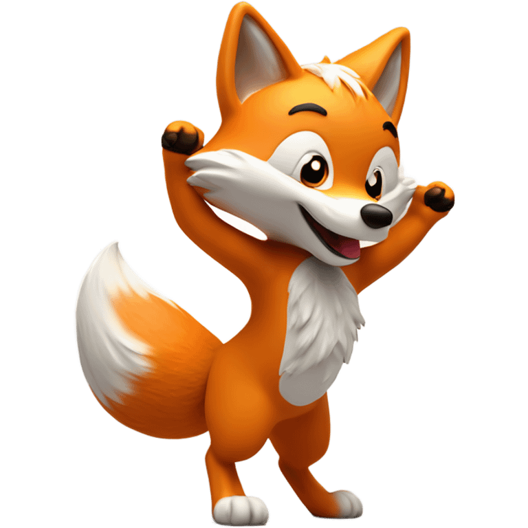 emoji of a dancing fox. orange body with fluffy tail. vibrant, exaggerated white paws. soft fur details. playful. enlarged head in cartoon style. head turned towards viewer. 3d lighting. no cast shadows emoji