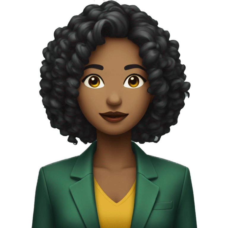 mulher com cabelo preto olho verde, com blazer colorido e criativo emoji