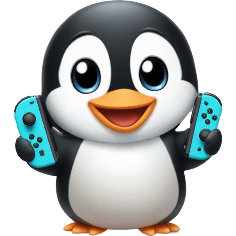 Cute baby penguin playing with a Nintendo switch  emoji