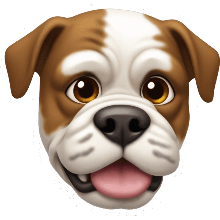 The image shows a cartoon-style dog head, resembling a bulldog. It has white fur with large brown patches, especially on the right side of the head and the ears. The dog has big, expressive brown eyes, a black nose, and a slightly protruding tongue.  emoji