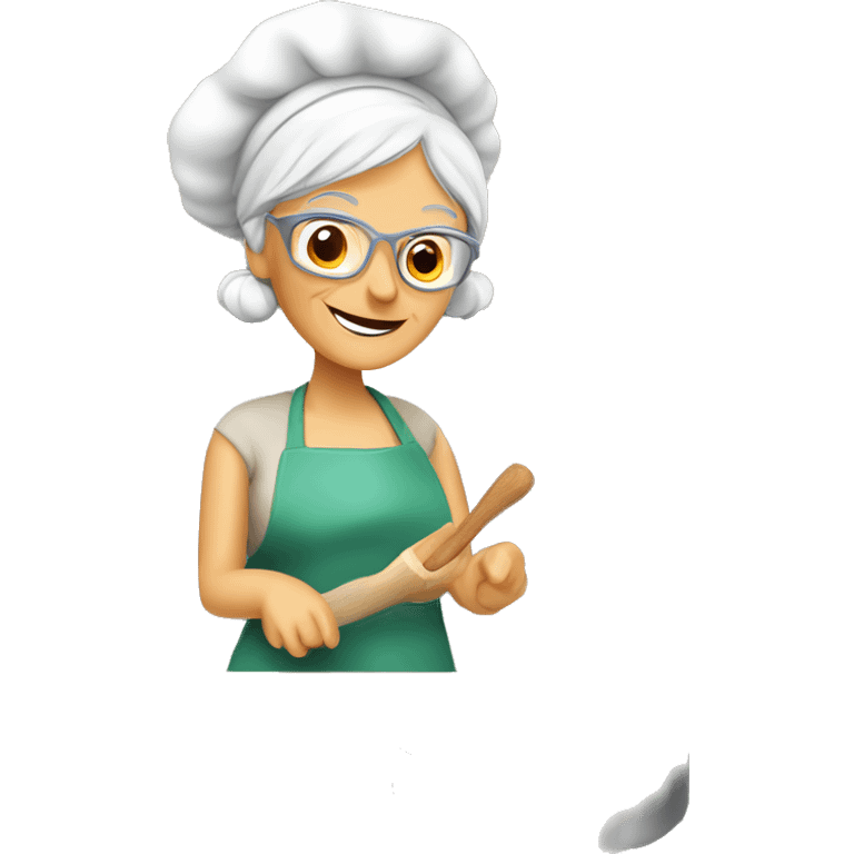 Cute cartoon Italian woman looking grandma cooking marshmallows in kitchen emoji