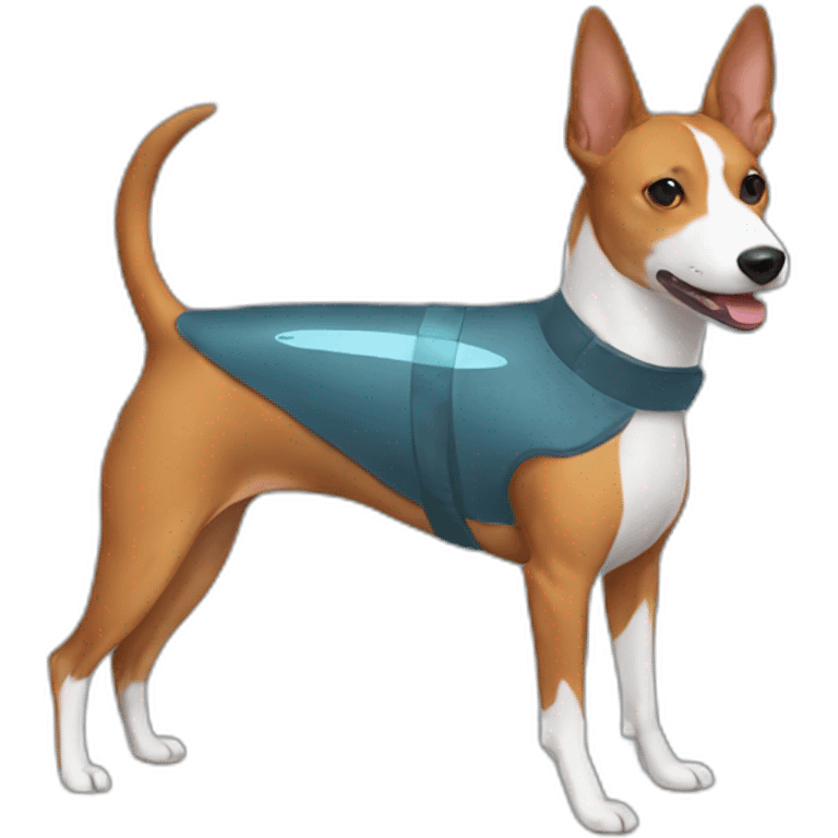 Tricolor Basenji wearing shark suit emoji