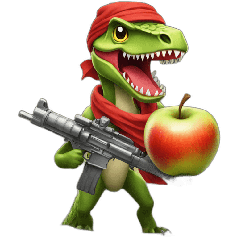 An angry apple with a red bandana riding a velociraptor that is firing machine guns emoji