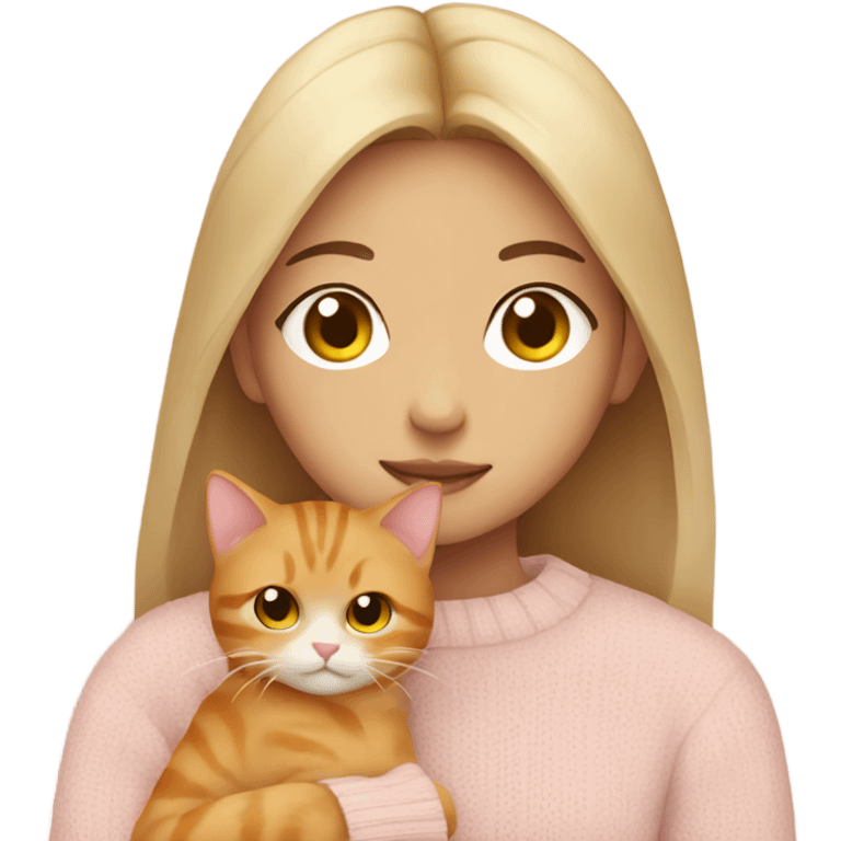 asian girl wearing a pale pink sweater  holding a ginger cat emoji