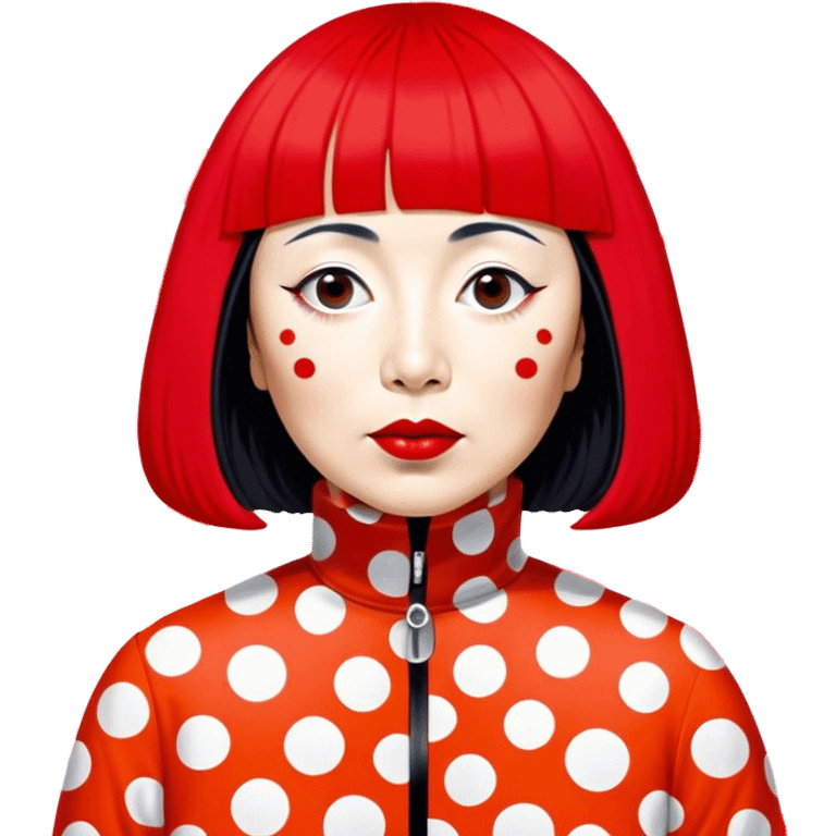 Yayoi Kusama – Cinematic Realistic Portrait of Yayoi Kusama, depicted as an avant-garde artist with an eccentric, captivating expression surrounded by her iconic polka dot patterns, rendered with vivid textures and imaginative lighting that evokes her unique, surreal creative world. emoji