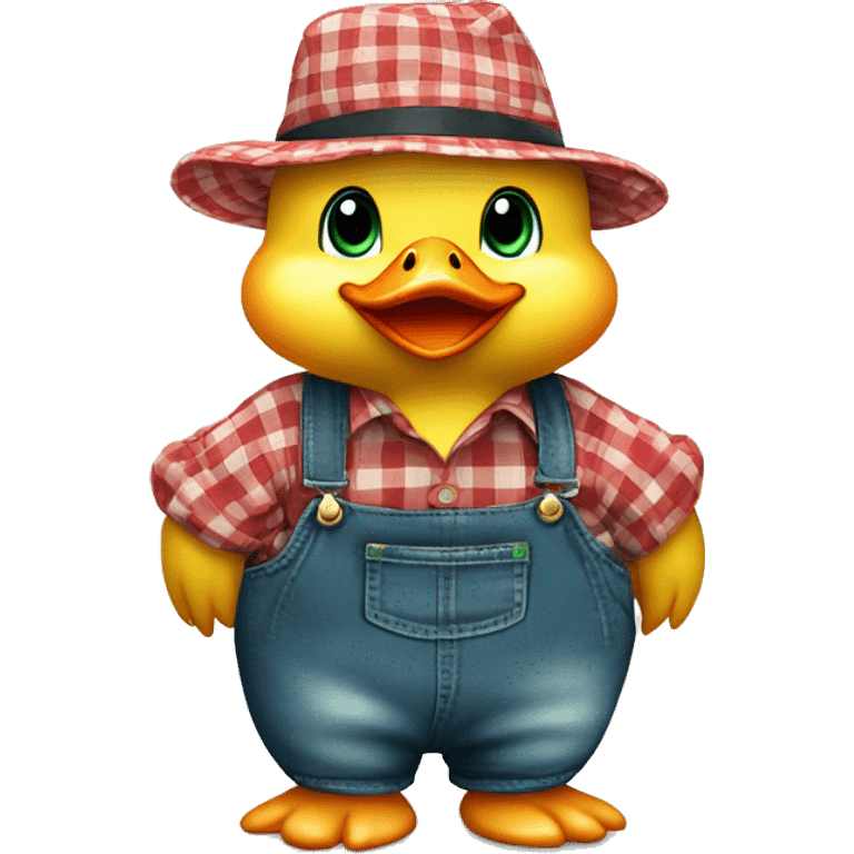 cute fluffy chubby baby duck with hand and wear green hat and red checkered shirt and jeans jumpsuit emoji