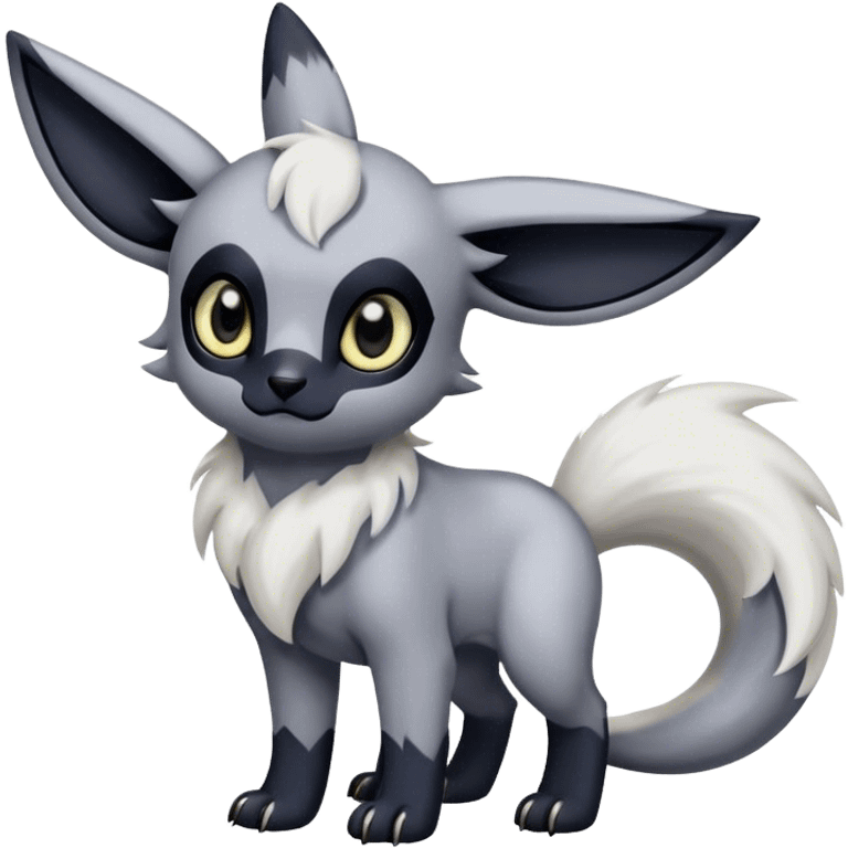 Absol-Umbreon, long thick black ears, no Scapha, black long tail, black eyes, white fur, black claws, cute big eyes, adorable emoji