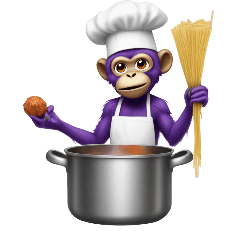 A purple monkey, cooking spaghetti and meatballs ￼ emoji