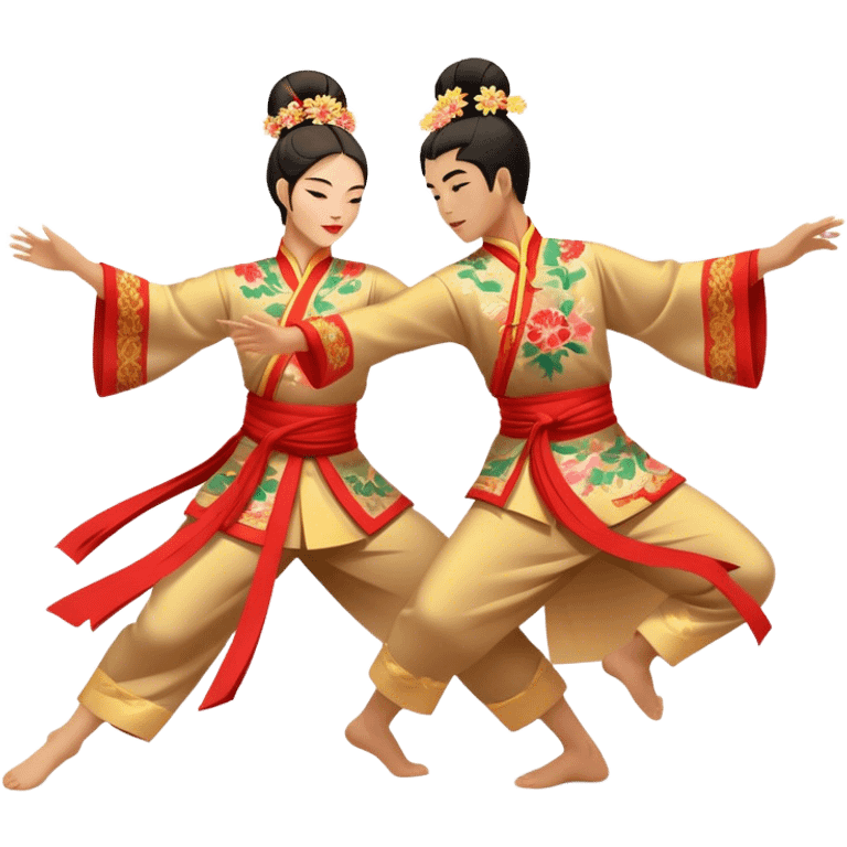 Cinematic Realistic scene of two performers executing a traditional Vietnamese folk dance, adorned in intricately patterned traditional costumes, captured in fluid motion with soft, culturally rich lighting emoji