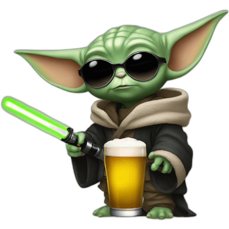 baby yoda with black rave outfit holding a beer and lightsaber and sunglasses emoji