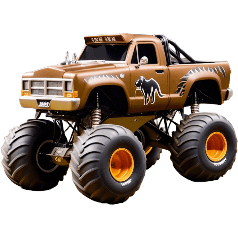 Monster Mutt - Monster Jam (Model Year: 2021) (Iconic colour: Brown with dog features) - A unique monster truck with playful, dog-inspired design cues. The vehicle is painted in warm brown tones and features subtle dog motifs (such as a stylized snout or ear shapes). It should blend the rugged power of a monster truck with quirky, endearing canine features. emoji