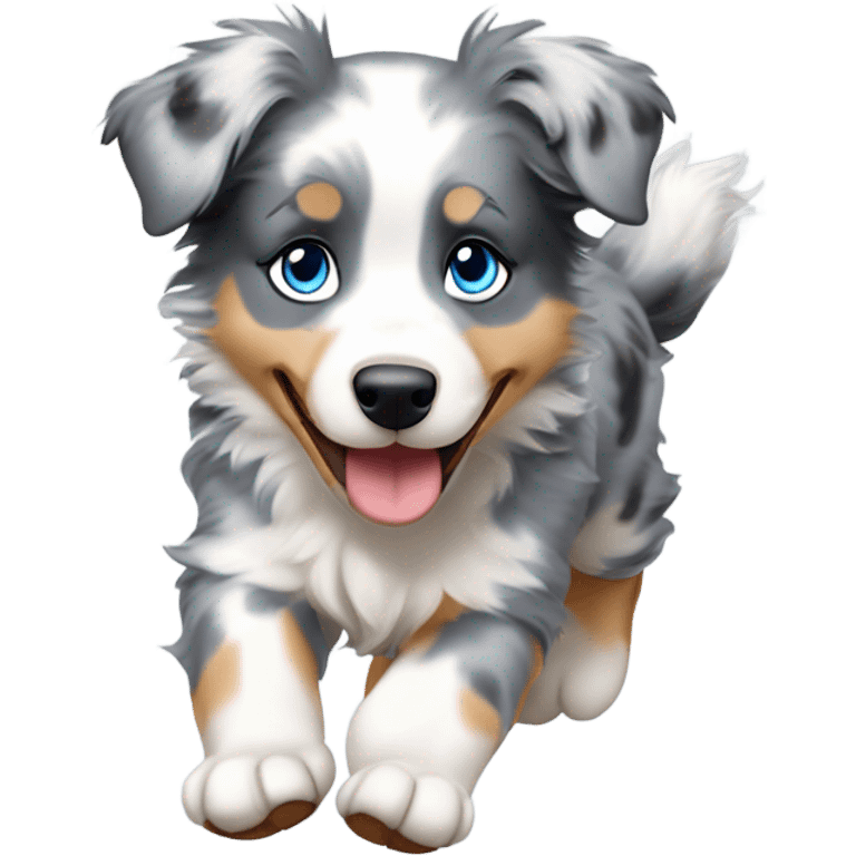 Blue merle australian shepherd puppy with mostly light grey fur with blue eyes running emoji