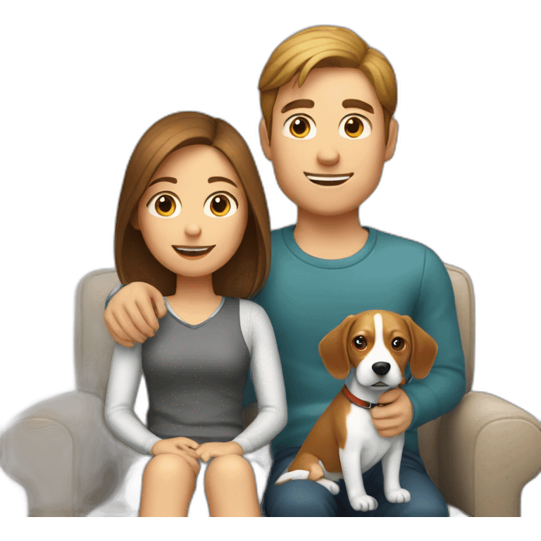 Brown hair White boy and girl with beagle Sit on couch emoji