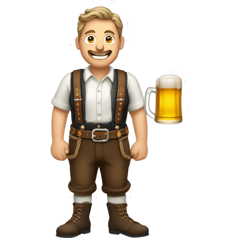 German man wearing Lederhosen, suspenders, haferl shoes holding a pint of beer emoji