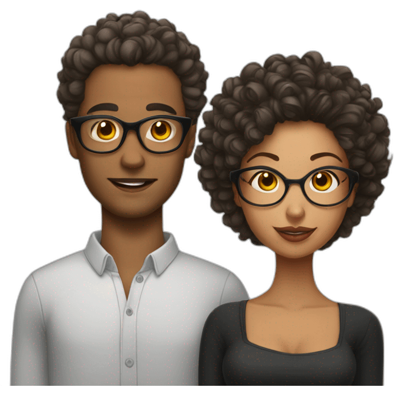 Young Bald man with tattoos. And Young curly-haired lady wearing glasses emoji