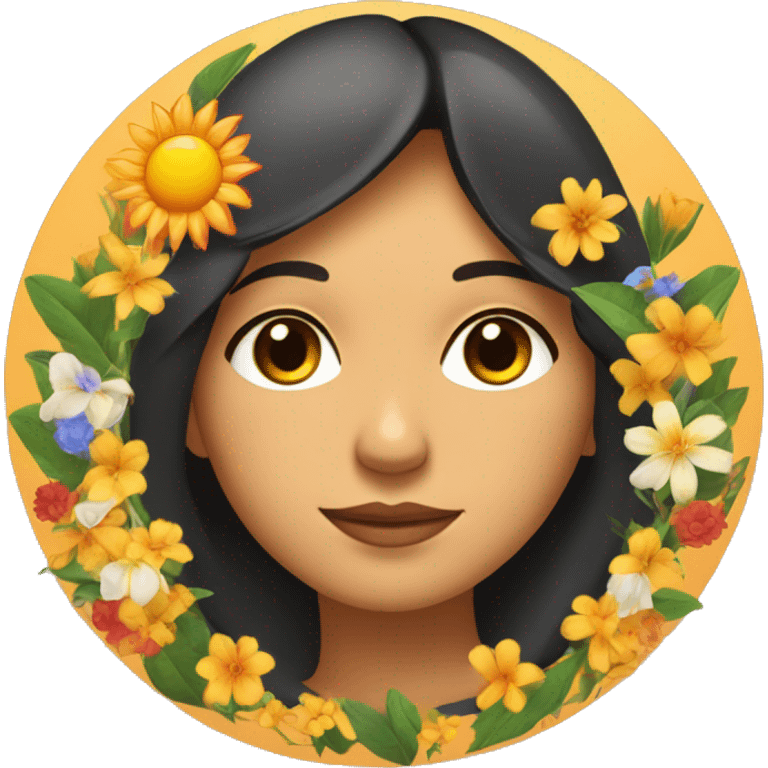 Latino woman's face inside a circle with a moon, flowers, and a sun in a line along the bottom of the circle. emoji