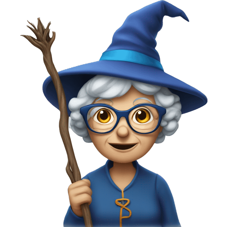 smart granny witch with glasses and blue hat holding wand emoji