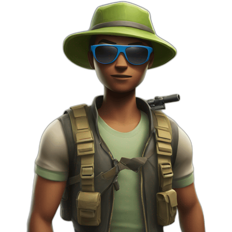 Boy with sunglasses and cap in fortnite with sniper emoji