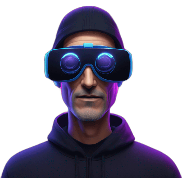 Steve Jobs wearing a black hoodie with "OMG" letters on it and VR headset in a cyberpunk VR environment with violet neon lighting. emoji