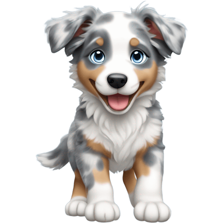 Blue merle australian shepherd puppy with mostly light grey fur with blue eyes running emoji