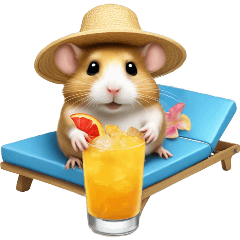 hamster with a sunhat drinking a coctail while laying in a sunbed emoji