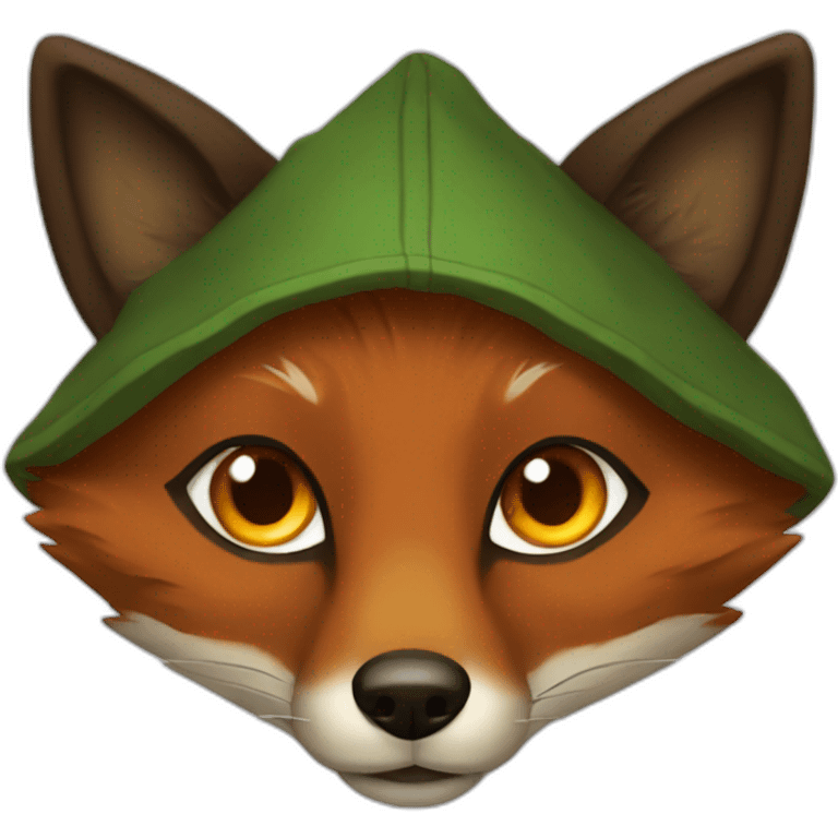 a small dark brown fox with orange eyes with a dark green hood that smile emoji