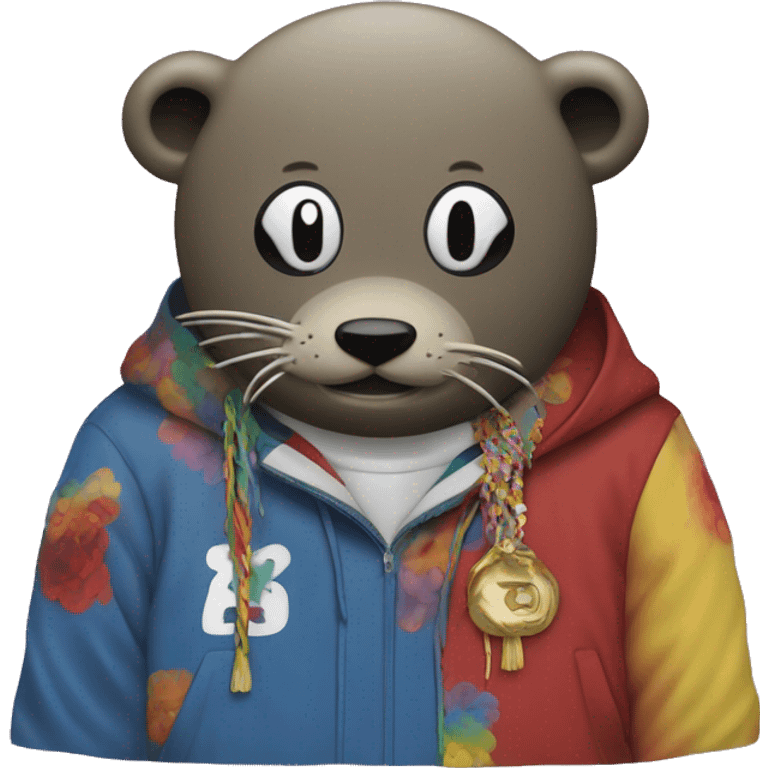 A seal that’s getting dragged by the Kanye graduation bear by takashi murakami emoji