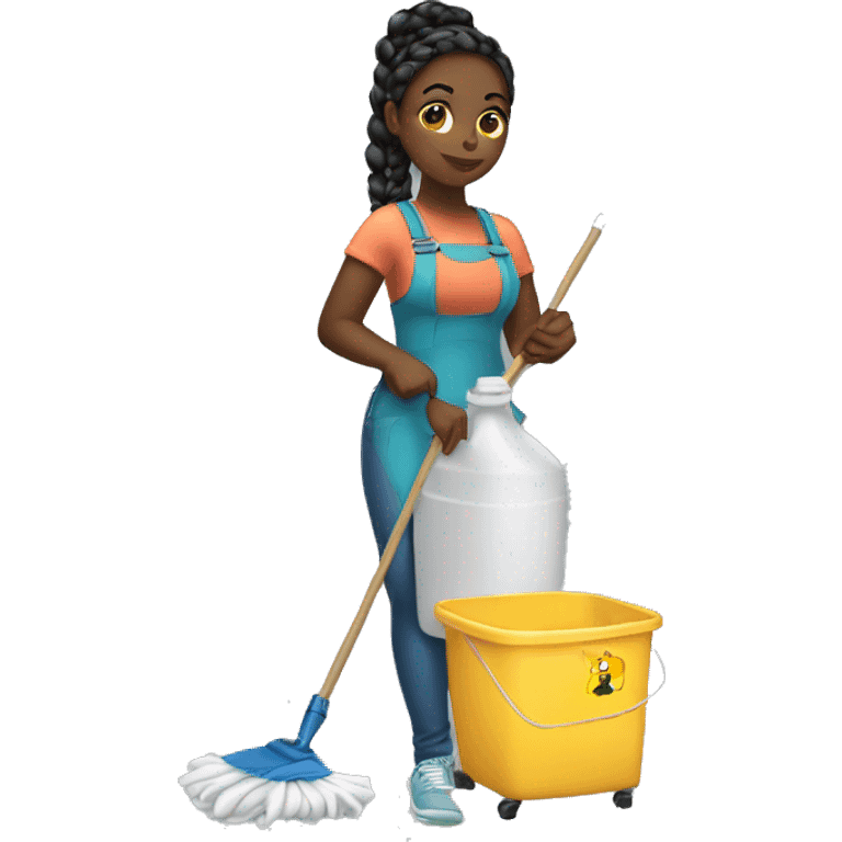 A thick black girl with braids in a ponytail standing cleaning supplies emoji