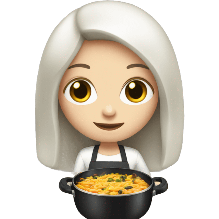 Pale girl with long black hair cooking dinner  emoji