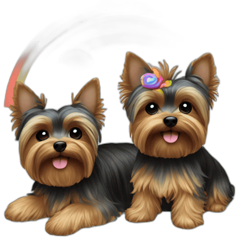 Two Yorkies on a cloud with rainbow emoji