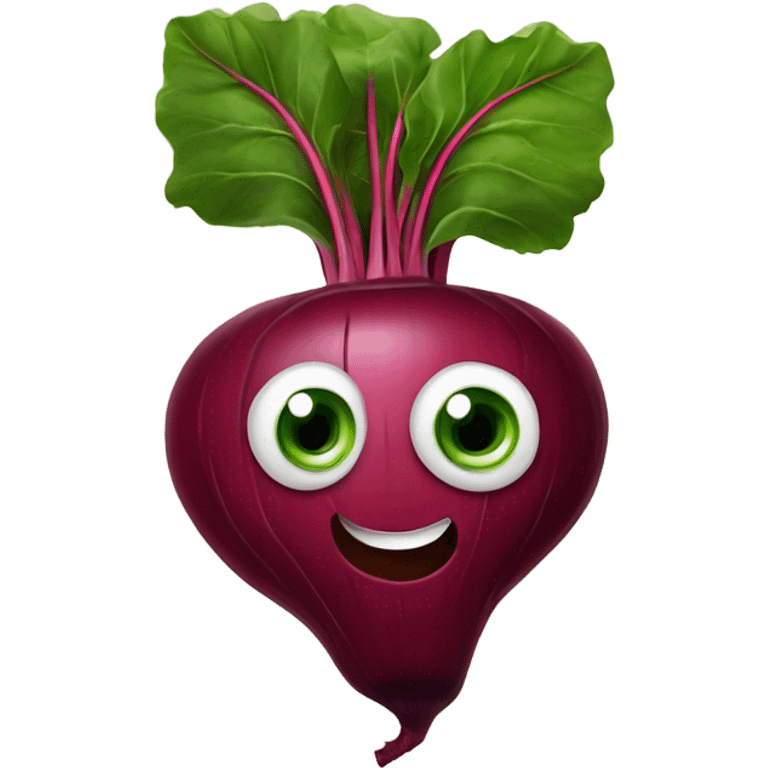 miling beetroot with big expressive eyes, rosy cheeks, and a green leaf on top. Simple and bright design with a cheerful and cartoonish style. emoji