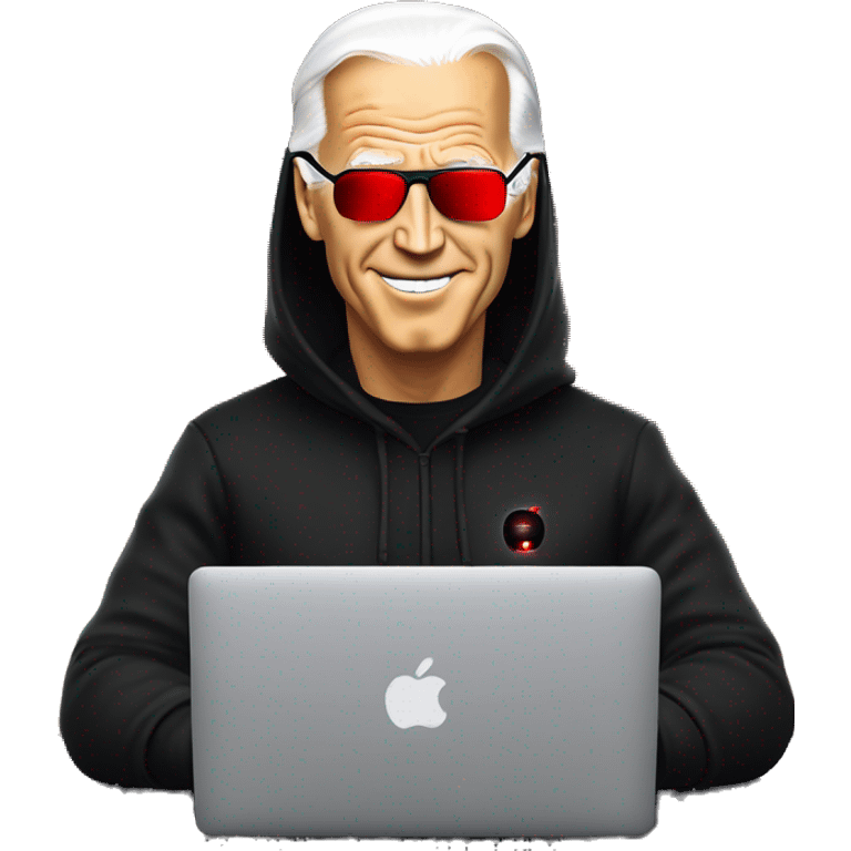 joe biden in a black hoodie with bright red glowing laser eyes typing on a macbook, joe biden, black hoodie, bright red glowing eyes, typing on macbook emoji