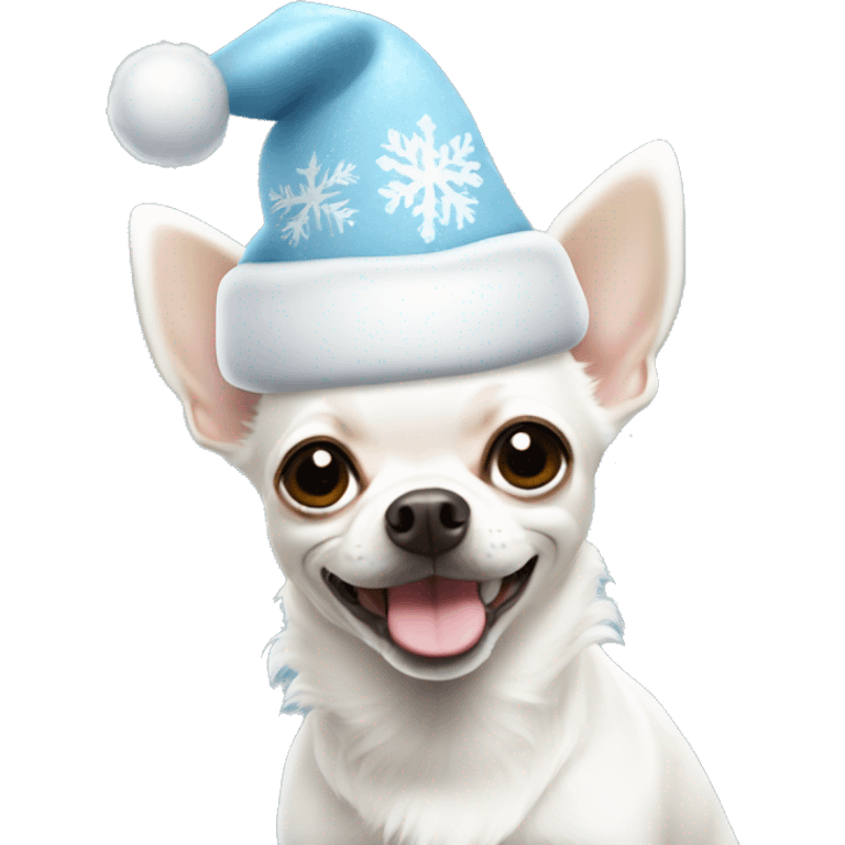 white Chihuahua with a light blue christmas hat on  emoji