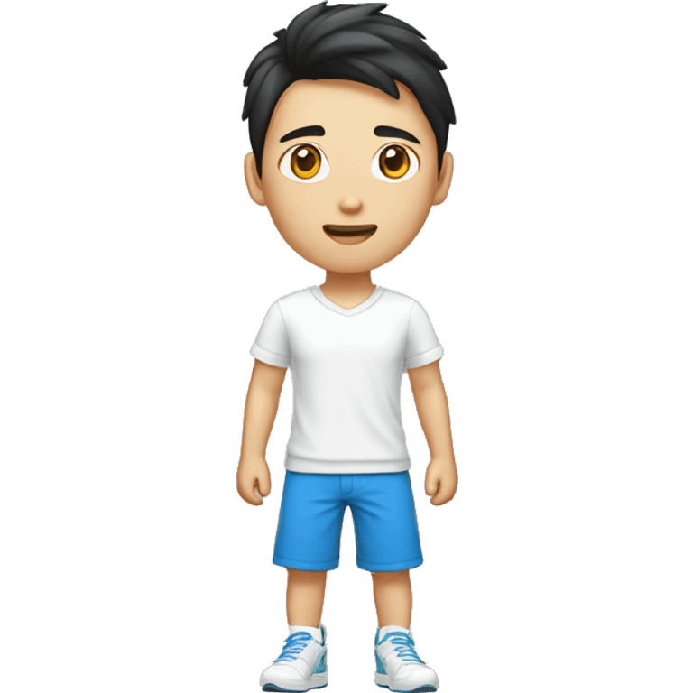 teen guy asian with short pants, white shirt sarcasm imprint, colorful teel blue running shoe emoji