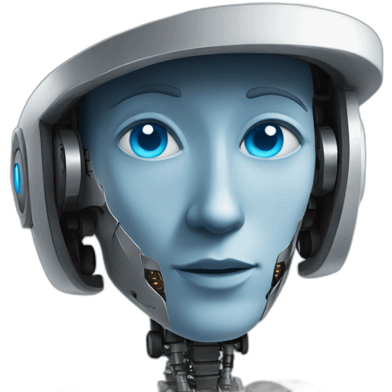 a humanoid robot with blue eyes that has oppenheimer's hat emoji