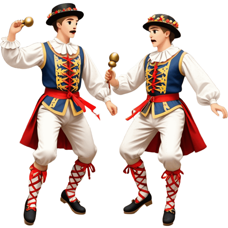 Cinematic Realistic scene of two performers executing a Morris Dance in full traditional costume—with bells, ribbons, and clogs—captured in dynamic motion against a rustic English backdrop and warm, golden lighting emoji