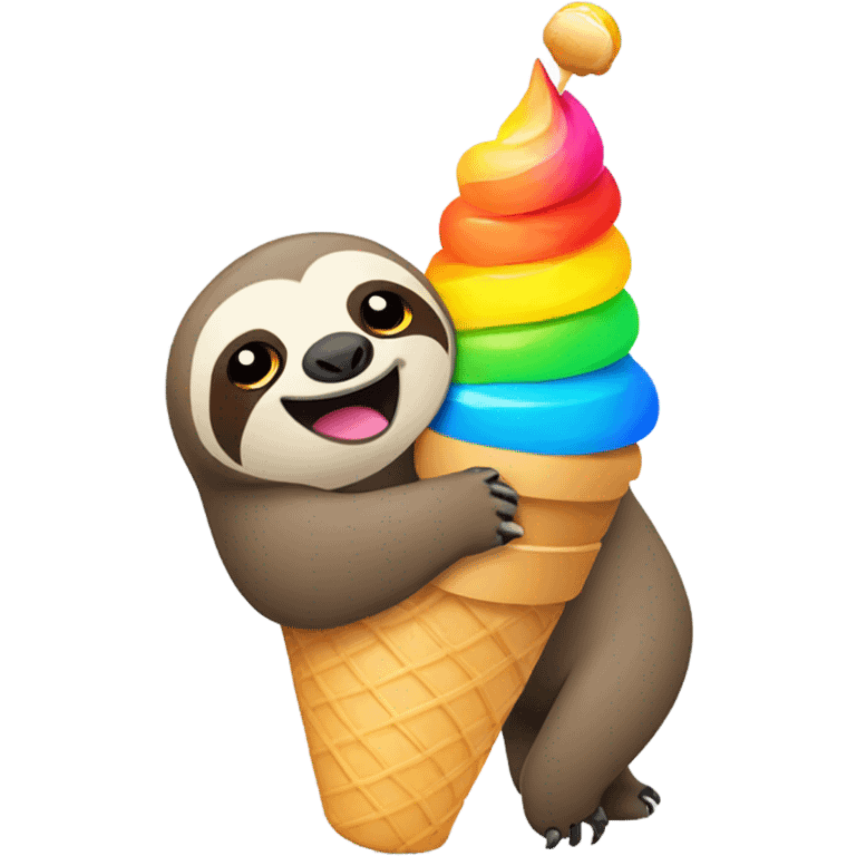 A sloth standing on top of a rainbow while eating an ice cream cone emoji